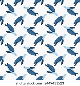 Vector seamless pattern with turtles. Underwater cartoon creatures. Vector illustration.