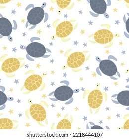 Vector seamless pattern with turtle.Underwater cartoon creatures.Marine background.Cute ocean pattern for fabric, childrens clothing,textiles,wrapping paper