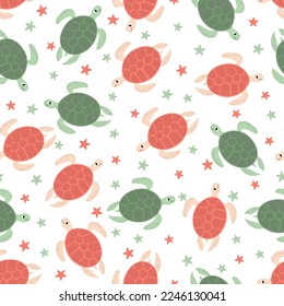 Vector seamless pattern with turtle.Underwater cartoon creatures.Marine background.Cute ocean pattern for fabric, childrens clothing,textiles,wrapping paper