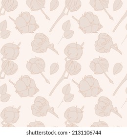 Vector seamless pattern with twigs and buds or cotton balls.