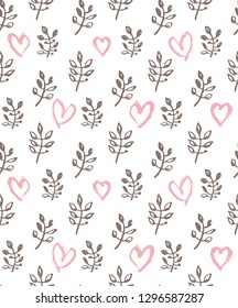 Vector seamless pattern twigs and hearts. Romantic hand drawn graphics background. Trendy design concept for fashion textile print.