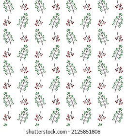 Vector seamless pattern of twigs with leaves and berries on a transparent background. The print elements are hand drawn.