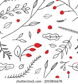 Vector seamless pattern with twigs and red berries. For wallpapers, autumn, fall or winter decoration and invitation card, fabric print or textile, linen, web page background, gift and wrapping paper