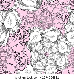 Vector seamless pattern with twisted pink and white petals of peonies. Hand drawn illustration of peonies. 2
