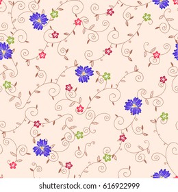 Vector seamless pattern of  twisted tendrils with leaves and pansy flowers. Floral background for textile, design, book and diary covers, wallpapers, print, gift packaging and scrapbook.