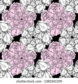 Vector seamless pattern with twisted white and pink petals of peonies. Hand drawn illustration of peonies. 1