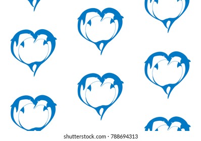 Vector seamless pattern of two bouncing dolphin couple in love with shape heart. Greeting background illustration