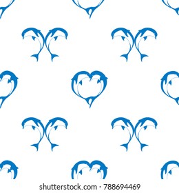 Vector seamless pattern of two bouncing dolphin couple in love with shape heart. Greeting background illustration