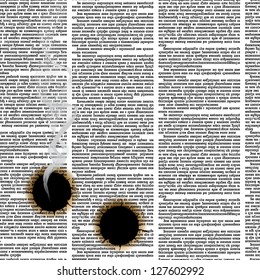 Vector seamless pattern with two bullet holes in newspaper columns. Text in newspaper page unreadable.