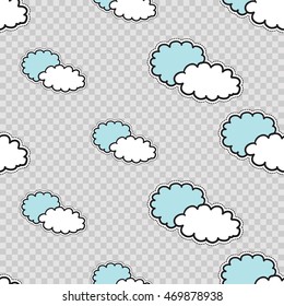 Vector seamless pattern with two clouds. Hand drawn cute and funny fashion illustration patches or stickers kit. Modern doodle pop art sketch badges and pins