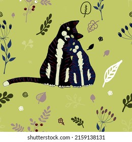 Vector seamless pattern with two cute cats on a green background among different plants.