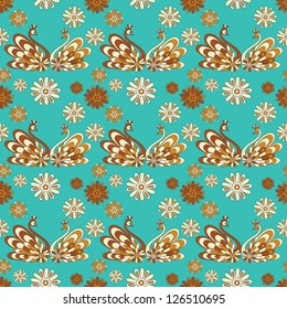 Vector seamless pattern with two decorative swans on flourishes background
