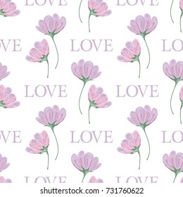 Vector seamless pattern of two isolated pink flowers and the word "love"
