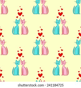 Vector Seamless Pattern of Two Loving Cats with Heart