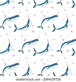 Vector seamless pattern with two narwhals and hearts. Childish cute pattern with narwhals.