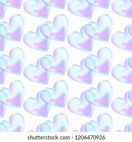 Vector seamless pattern with two tender airy mesh pink and blue hearts with text Be mine Valentine isolated on the white background. 