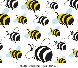 vector seamless pattern of two types of bumblebees, one yellow with black stripes, the other black and white