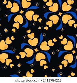 Vector seamless pattern UA motive Gold Hearts in the Night. Abstract, folk, holiday background