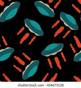 vector seamless pattern with UFO on black background