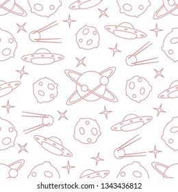 Vector seamless pattern with UFO, satellite, planets, stars. Space exploration. Astronomy. Science background.