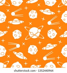 Vector seamless pattern with UFO, satellite, planets, stars. Space exploration. Astronomy. Science background.