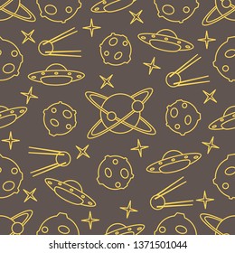 Vector seamless pattern with UFO, satellite, planets, stars. Space exploration. Astronomy. Science background.