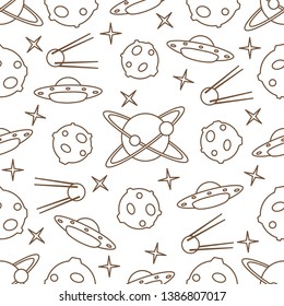 Vector seamless pattern with UFO, satellite, planets, stars. Space exploration. Astronomy. Science background.