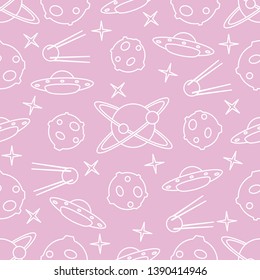 Vector seamless pattern with UFO, satellite, planets, stars. Space exploration. Astronomy. Science background.