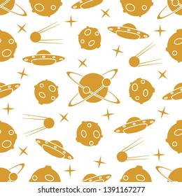Vector seamless pattern with UFO, satellite, planets, stars. Space exploration. Astronomy. Science background.