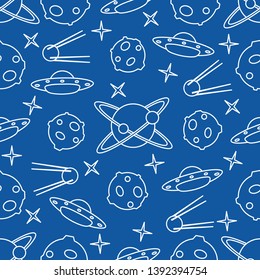 Vector seamless pattern with UFO, satellite, planets, stars. Space exploration. Astronomy. Science background.