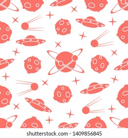 Vector seamless pattern with UFO, satellite, planets, stars. Space exploration. Astronomy. Science background.