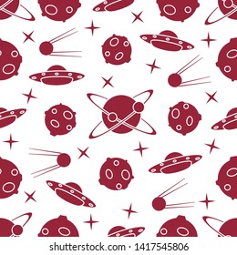 Vector seamless pattern with UFO, satellite, planets, stars. Space exploration. Astronomy. Science background.