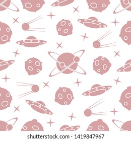 Vector seamless pattern with UFO, satellite, planets, stars. Space exploration. Astronomy. Science background.