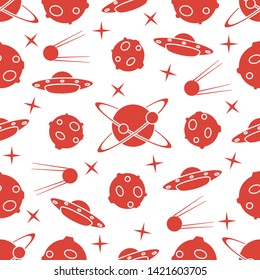 Vector seamless pattern with UFO, satellite, planets, stars. Space exploration. Astronomy. Science background.