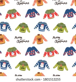 Vector seamless pattern with ugly sweaters with funny ornaments for Christmas party.