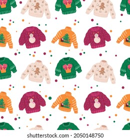 Vector seamless pattern with ugly sweaters set for Christmas party. Funny Xmas jumpers with Christmas sleigh, deers, Santa, tree and a snowman. White background.