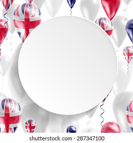 Vector seamless pattern with UK flag on balloon. Celebration and gifts. Paper circle with festive balloons on a white background. Independence Day. 