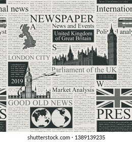 Vector seamless pattern with UK or London newspaper. Page of old newspaper or magazine with headings, illustrations and unreadable text. Can be used as wallpaper, wrapping paper or fabric