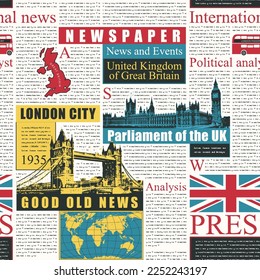 Vector seamless pattern with UK or London newspaper. Page of newspaper or magazine with headings, illustrations and unreadable text. Can be used as wallpaper, wrapping paper or fabric
