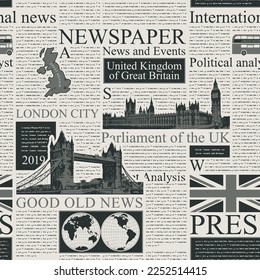 Vector seamless pattern with UK or London newspaper. Page of newspaper or magazine with headings, illustrations and unreadable text. Can be used as wallpaper, wrapping paper or fabric