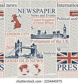 Vector seamless pattern with UK or London newspaper. Page of newspaper or magazine with headings, illustrations and unreadable text. Can be used as wallpaper, wrapping paper or fabric