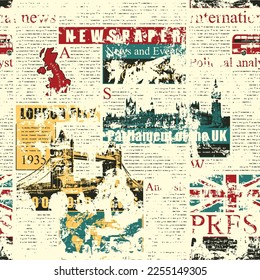 Vector seamless pattern with UK or London newspaper. Page of newspaper or magazine with headings, illustrations and unreadable text. Can be used as wallpaper, wrapping paper or fabric