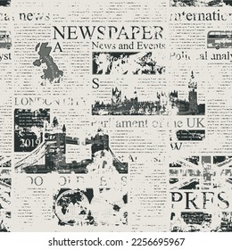 Vector seamless pattern with UK or London newspaper. Page of newspaper or magazine with headings, illustrations and unreadable text. Can be used as wallpaper, wrapping paper or fabric