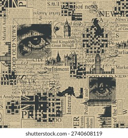 Vector seamless pattern with UK or London. Page of newspaper or magazine with headings, human eyes, crossword, landmark and unreadable text. Retro style. Wallpaper, wrapping paper or fabric. No ai