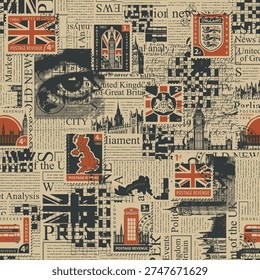 Vector seamless pattern with UK or London. Page of newspaper or magazine with headings, human eyes, crossword, landmark and unreadable text. Retro style. Wallpaper, wrapping paper or fabric. No ai