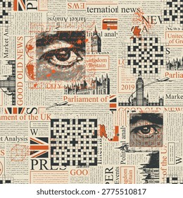 Vector seamless pattern with UK or London. Page of newspaper or magazine with headings, human eyes, crossword, landmark and unreadable text. Retro style. Wallpaper, wrapping paper or fabric