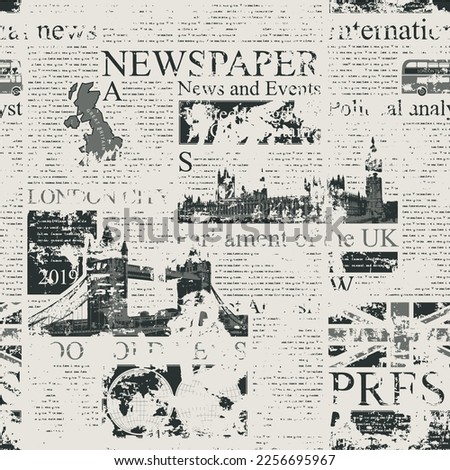 Vector seamless pattern with UK or London newspaper. Page of newspaper or magazine with headings, illustrations and unreadable text. Can be used as wallpaper, wrapping paper or fabric