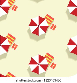 Vector seamless pattern with umbrella, chaise longue and flip flops. Summer background. Creative colorful wallpaper. For textile and fabric, cover, print on clothes. EPS10.