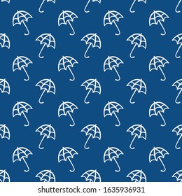 Vector seamless pattern with umbrellas on classic blue color; simple design for fabric, wallpaper, textile, wrapping paper, package, web design.