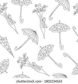 Vector seamless pattern with umbrellas on white background. Great for fabrics, wrapping papers, wallpapers, covers. Doodle style illustration in black ink.